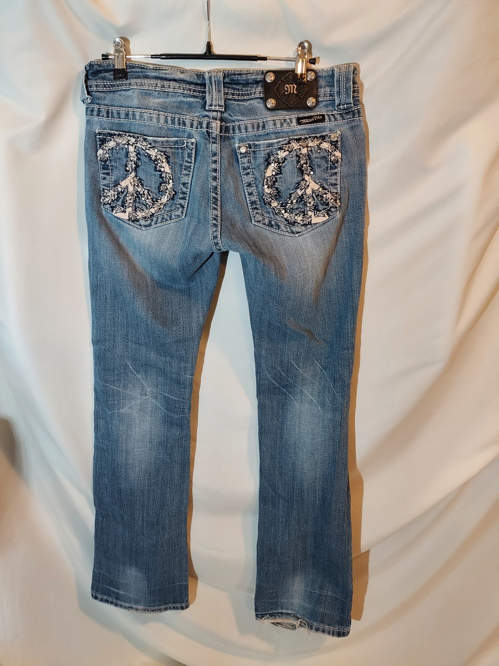Miss Me Retro Low Rise Boot Cut Jeans with Embroidered Peace Pockets